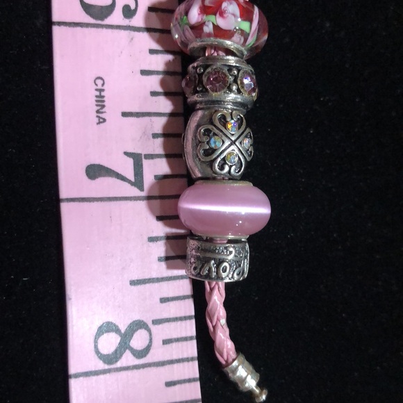 Pink Serjaden Leather Sterling Bracelet With Three 925 Charms - Picture 12 of 14